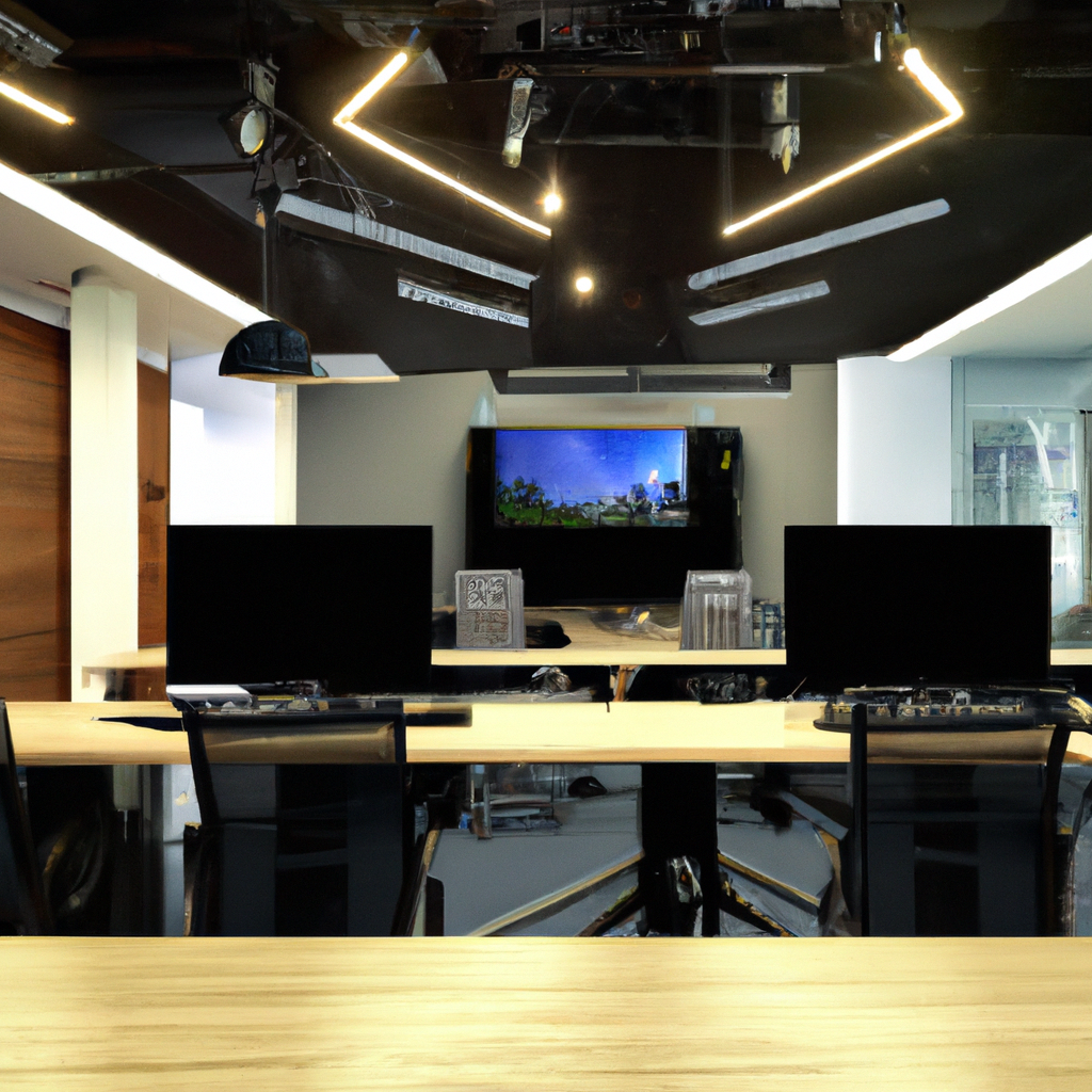 AI-generated minimalist newsroom background with clean desks, neutral light and muted tones